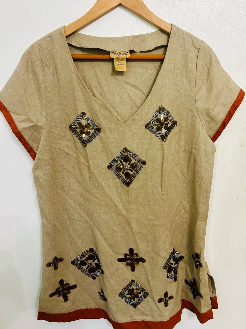 Midnight Velvet Beaded V-Neck Women’s Tunic Beige with Rust Trim